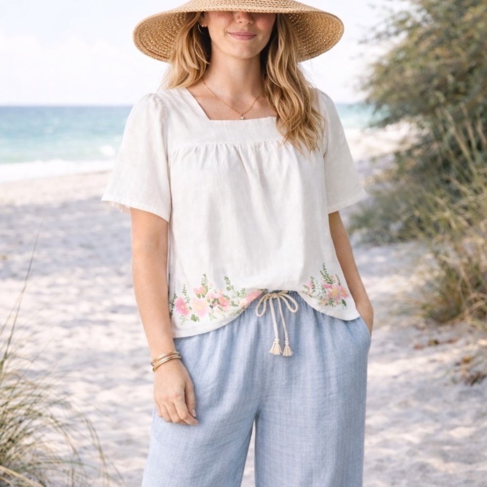 Matilda Jane Womens White Cotton Floral Embroidered Square Neck Blouse Top‎ M